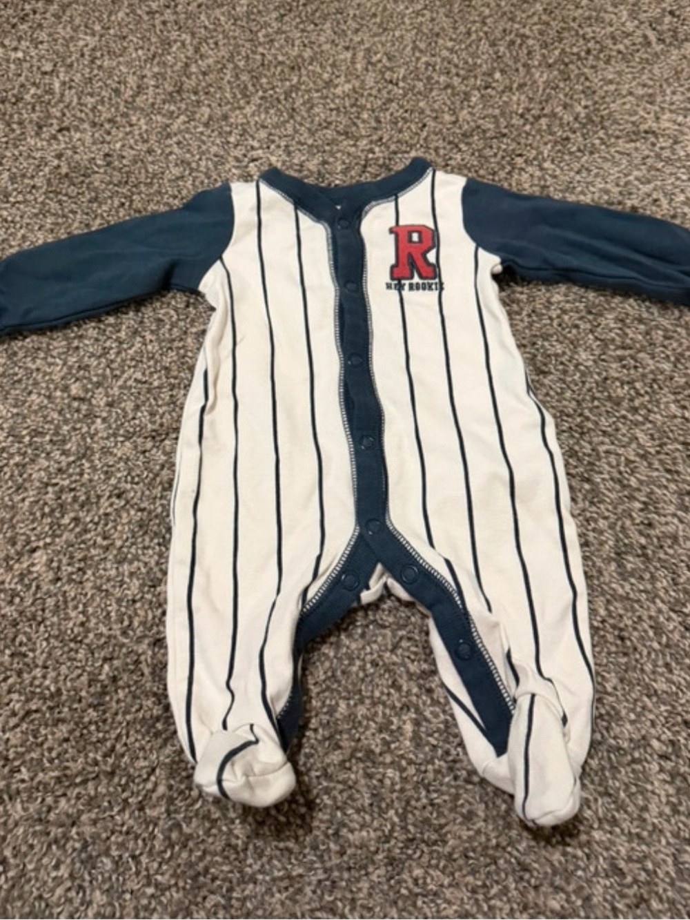 Navy & White Striped Baby One-Piece with Red 'R' Accent